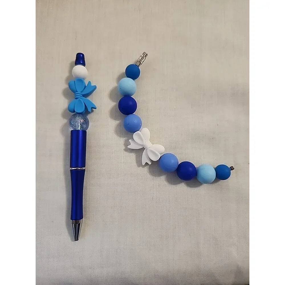 Bead Pen & Cup Charm Matching Combo Blue & White Bows Silicone Beads